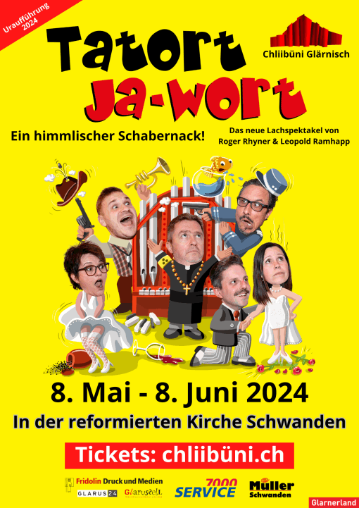 Plakat zur Theaterproduktion 2024 der Chliibüni Glärnisch mit dem Titel Tatort Ja-Wort