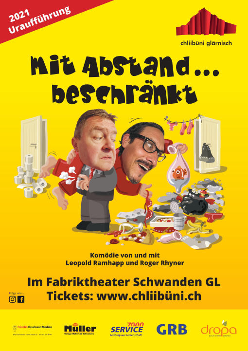 Plakat zur Theaterproduktion 2021 der Chliibüni Glärnisch mit dem Titel Mit Abstand beschränkt