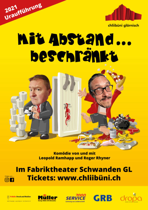 Plakat zur Theaterproduktion 2021 der Chliibüni Glärnisch mit dem Titel Mit Abstand beschränkt