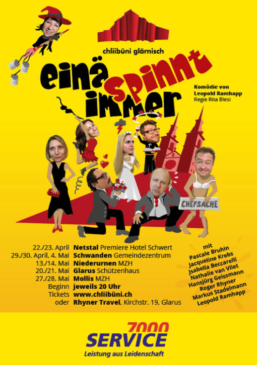 Plakat zur Theaterproduktion 2016 der Chliibüni Glärnisch mit dem Titel einä spinnt immer