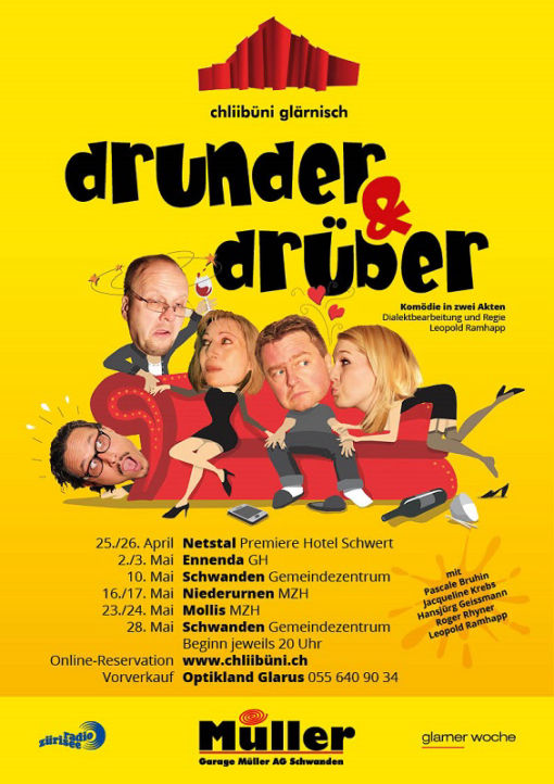 Plakat zur Theaterproduktion 2014 der Chliibüni Glärnisch mit dem Titel drunder und drüber